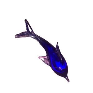 Hand Blown Art Glass Dolphin Figurine Blue Clear Swirl